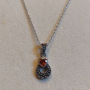 Vintage Sterling Silver Marcasite Garnet Pendant Necklace 18"